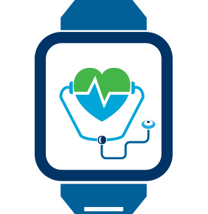 Health maintenance icon represented by a stethoscope with a heart on a watch.